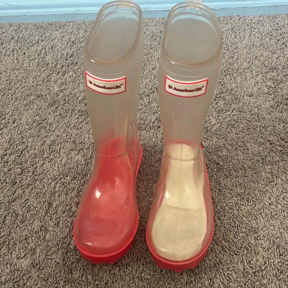 American girl wellie wishers peek a boo rain boots size 12/13 pink and clear